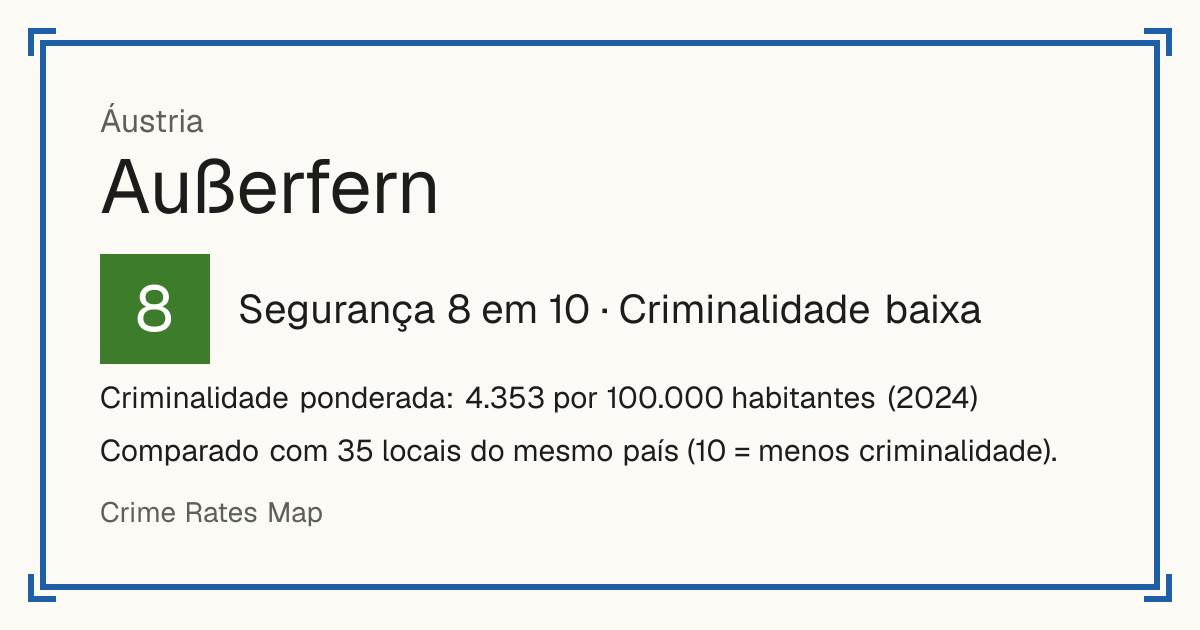 Außerfern, Áustria: Segurança 8 em 10 (Criminalidade baixa). Criminalidade ponderada: 4.353 por 100.000 habitantes (2024).