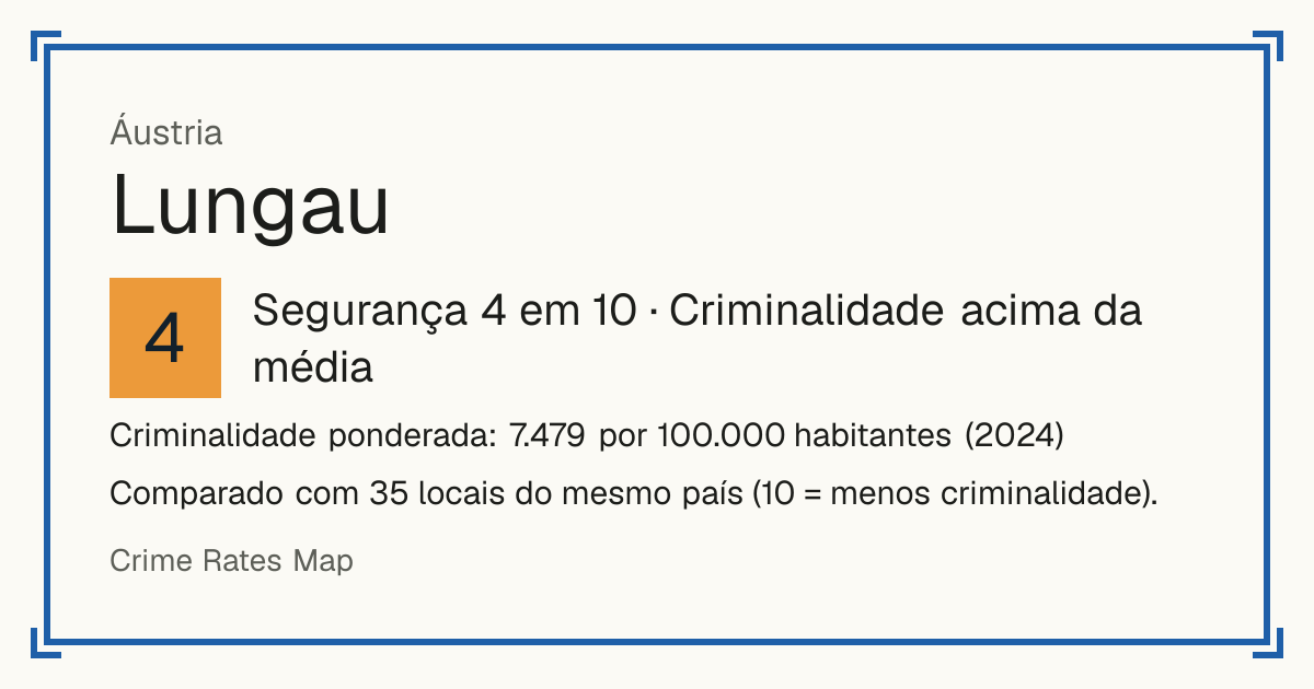 Lungau, Áustria: Segurança 4 em 10 (Criminalidade acima da média). Criminalidade ponderada: 7.479 por 100.000 habitantes (2024).