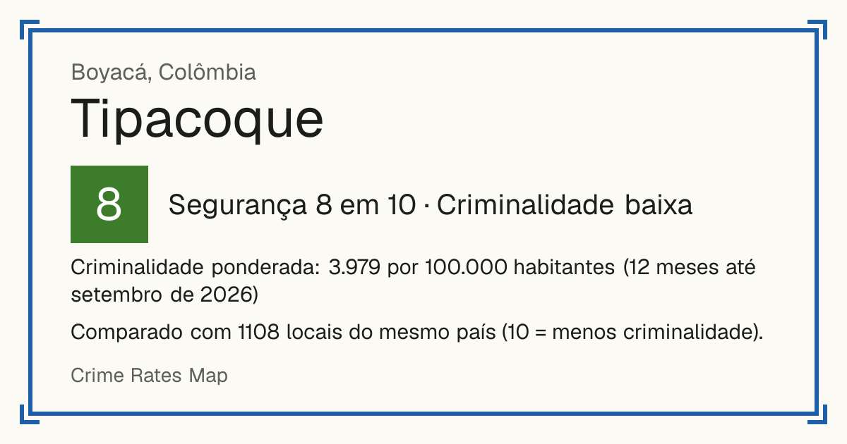 Tipacoque, Colômbia: Segurança 8 em 10 (Criminalidade baixa). Criminalidade ponderada: 3.979 por 100.000 habitantes (12 meses até setembro de 2026).