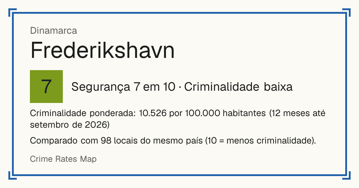 Frederikshavn, Dinamarca: Segurança 7 em 10 (Criminalidade baixa). Criminalidade ponderada: 10.526 por 100.000 habitantes (12 meses até setembro de 2026).
