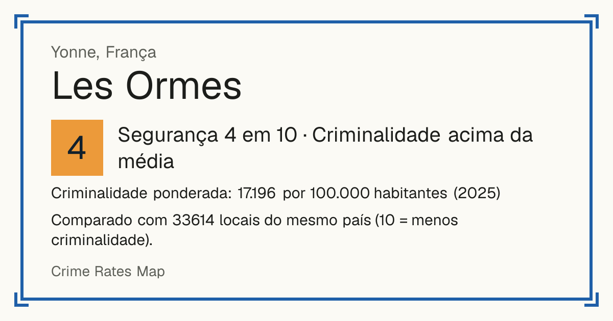 Les Ormes, Yonne, França: Segurança 4 em 10 (Criminalidade acima da média). Criminalidade ponderada: 17.196 por 100.000 habitantes (2025).