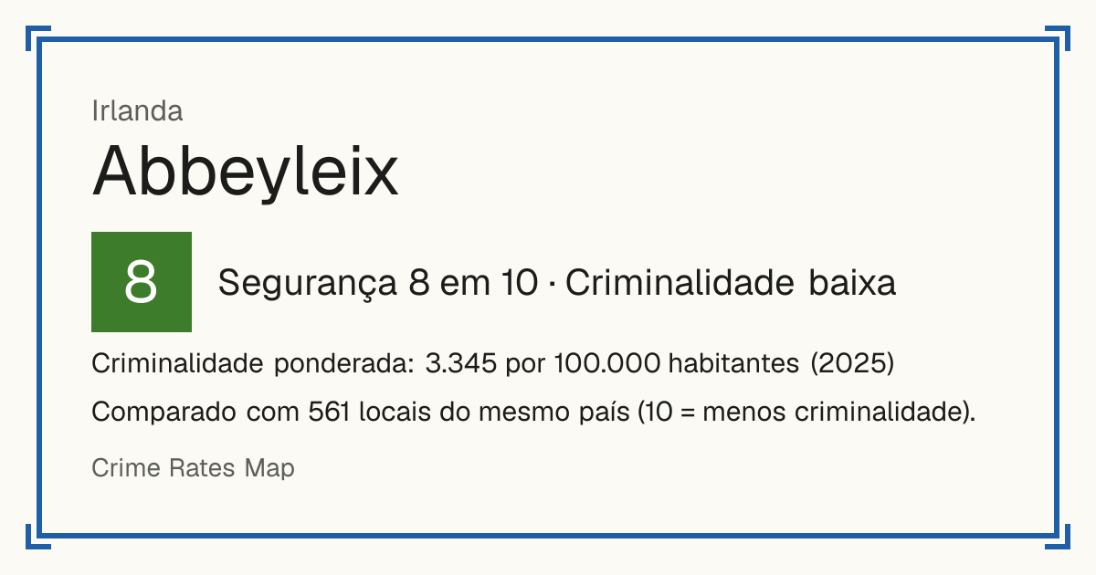 Abbeyleix, Irlanda: Segurança 8 em 10 (Criminalidade baixa). Criminalidade ponderada: 3.345 por 100.000 habitantes (2025).