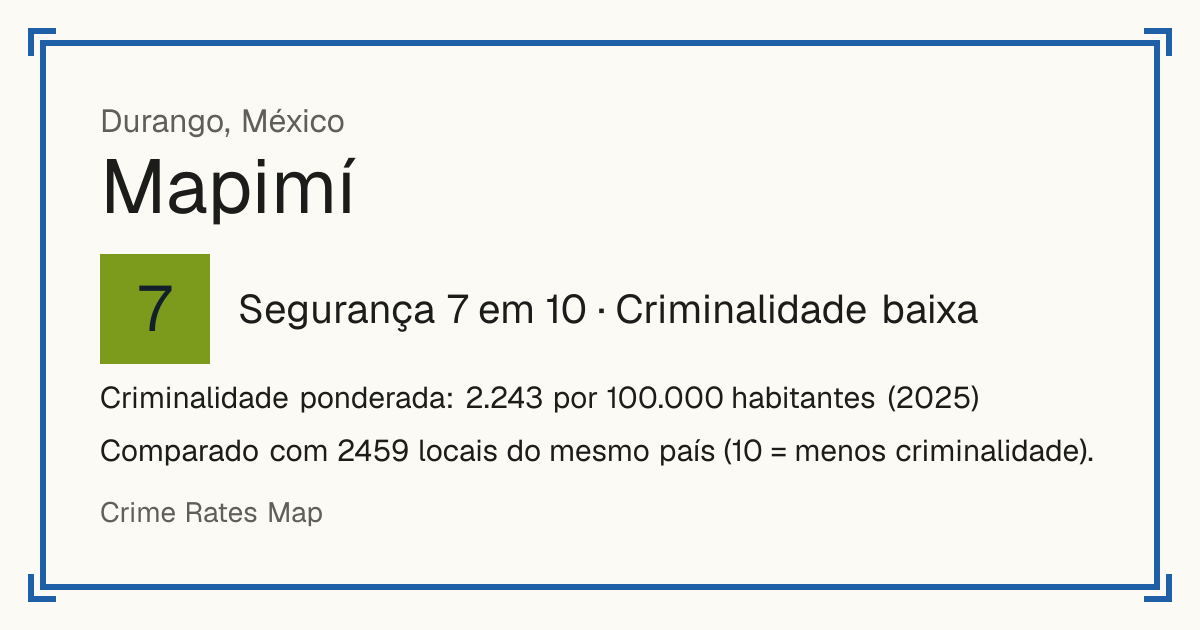Mapimí, México: Segurança 7 em 10 (Criminalidade baixa). Criminalidade ponderada: 2.243 por 100.000 habitantes (2025).