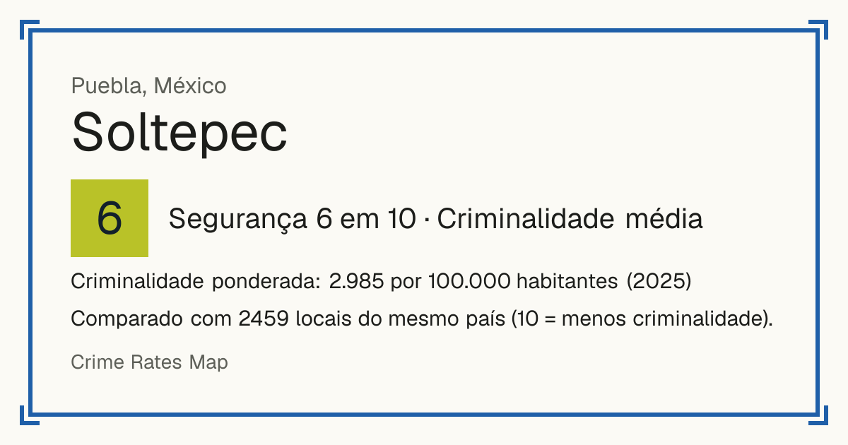 Soltepec, México: Segurança 6 em 10 (Criminalidade média). Criminalidade ponderada: 2.985 por 100.000 habitantes (2025).