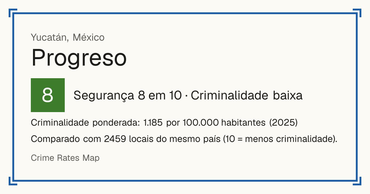 Progreso, Yucatán, México: Segurança 8 em 10 (Criminalidade baixa). Criminalidade ponderada: 1.185 por 100.000 habitantes (2025).