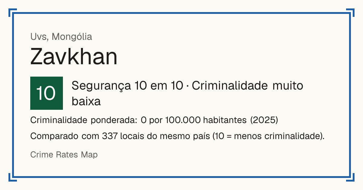 Zavkhan, Uvs, Mongólia: Segurança 10 em 10 (Criminalidade muito baixa). Criminalidade ponderada: 0 por 100.000 habitantes (2025).