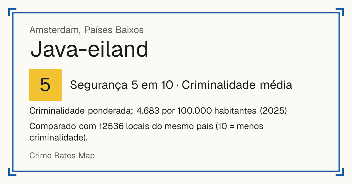 Java-eiland, Países Baixos: Segurança 5 em 10 (Criminalidade média). Criminalidade ponderada: 4.683 por 100.000 habitantes (2025).