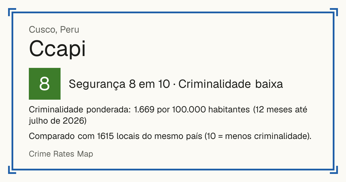 Ccapi, Peru: Segurança 8 em 10 (Criminalidade baixa). Criminalidade ponderada: 1.669 por 100.000 habitantes (12 meses até julho de 2026).
