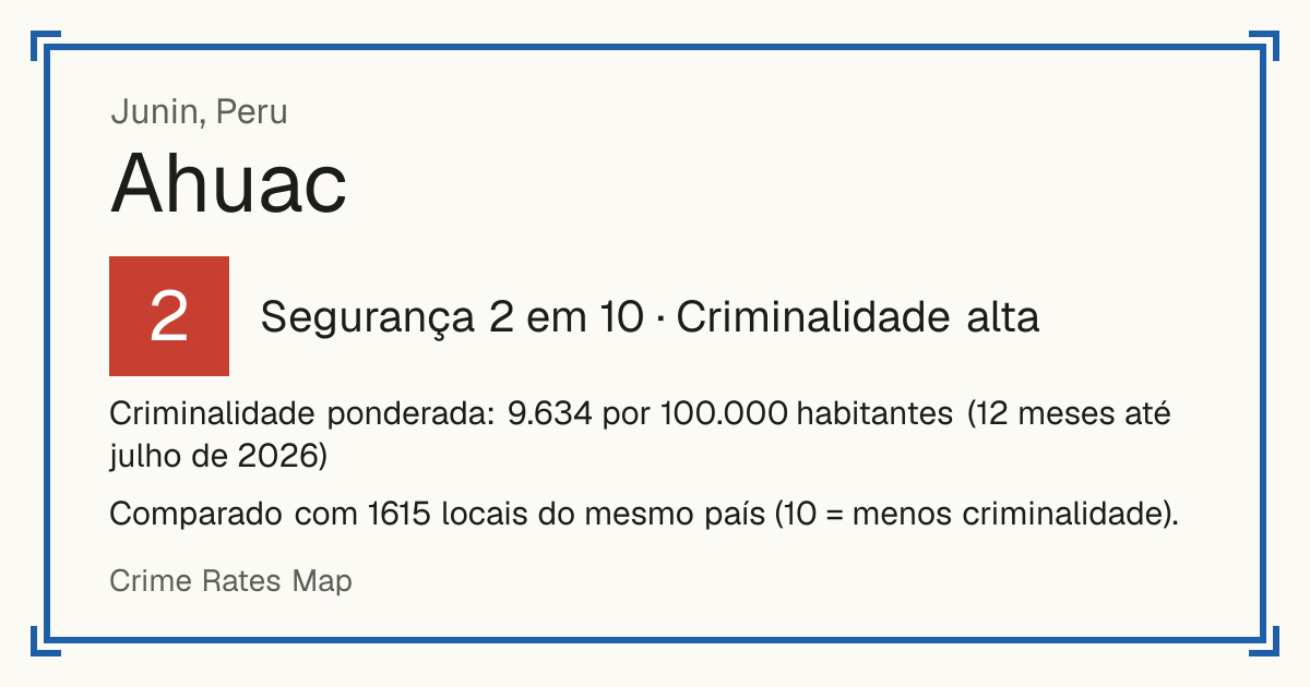 Ahuac, Peru: Segurança 2 em 10 (Criminalidade alta). Criminalidade ponderada: 9.634 por 100.000 habitantes (12 meses até julho de 2026).