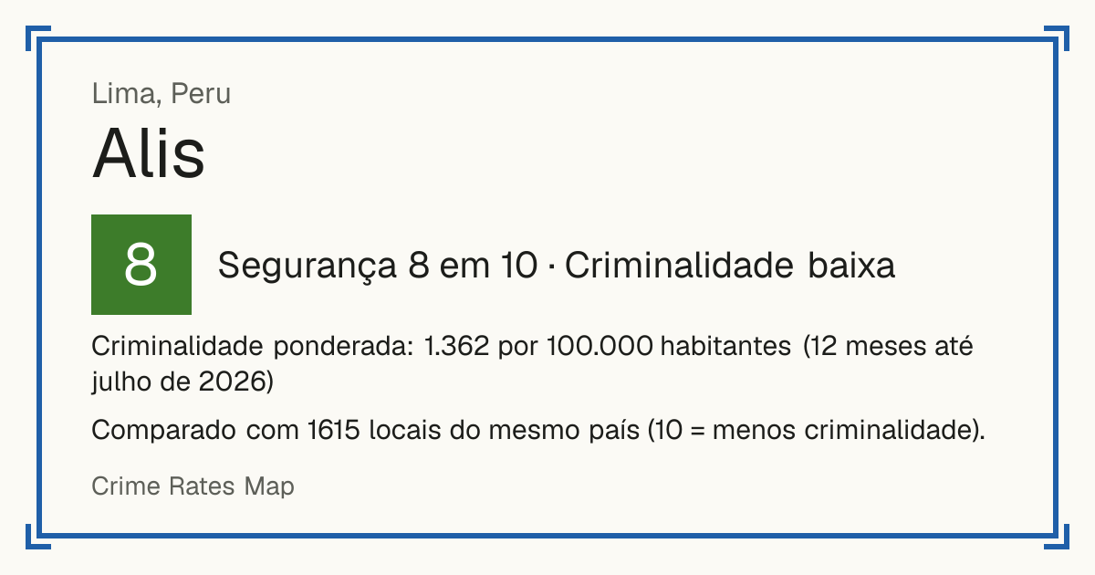 Alis, Peru: Segurança 8 em 10 (Criminalidade baixa). Criminalidade ponderada: 1.362 por 100.000 habitantes (12 meses até julho de 2026).