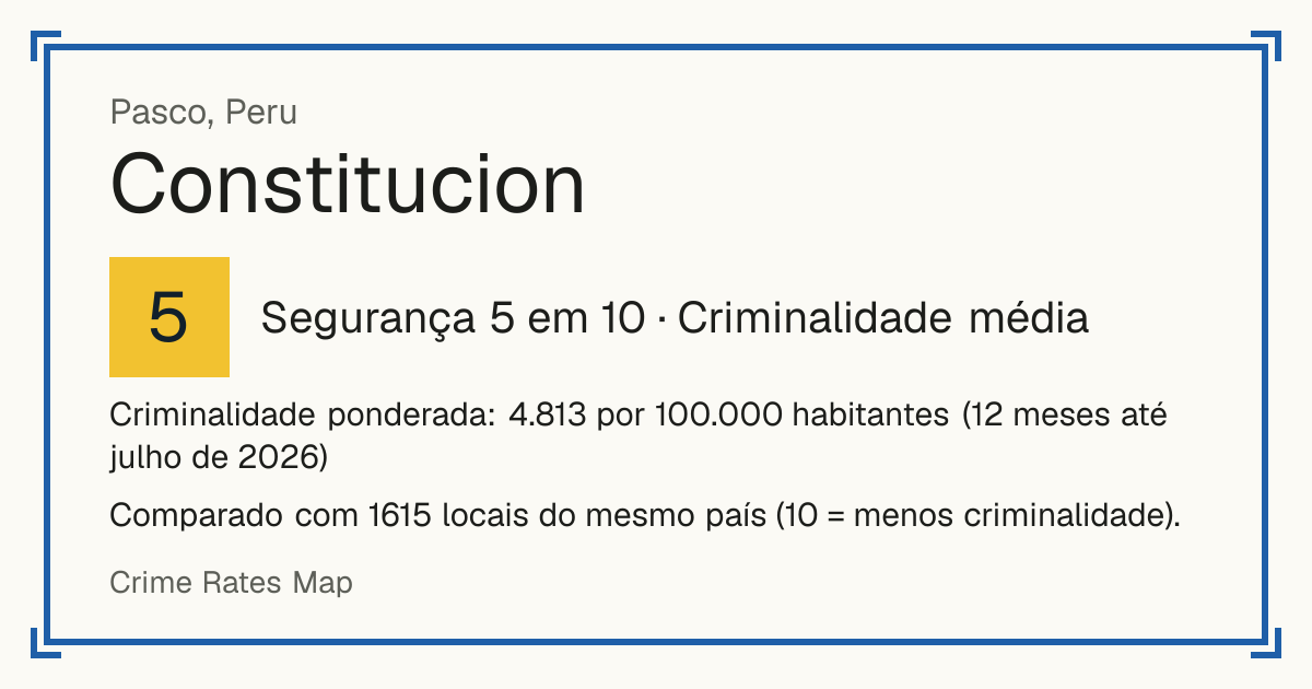 Constitucion, Peru: Segurança 5 em 10 (Criminalidade média). Criminalidade ponderada: 4.813 por 100.000 habitantes (12 meses até julho de 2026).