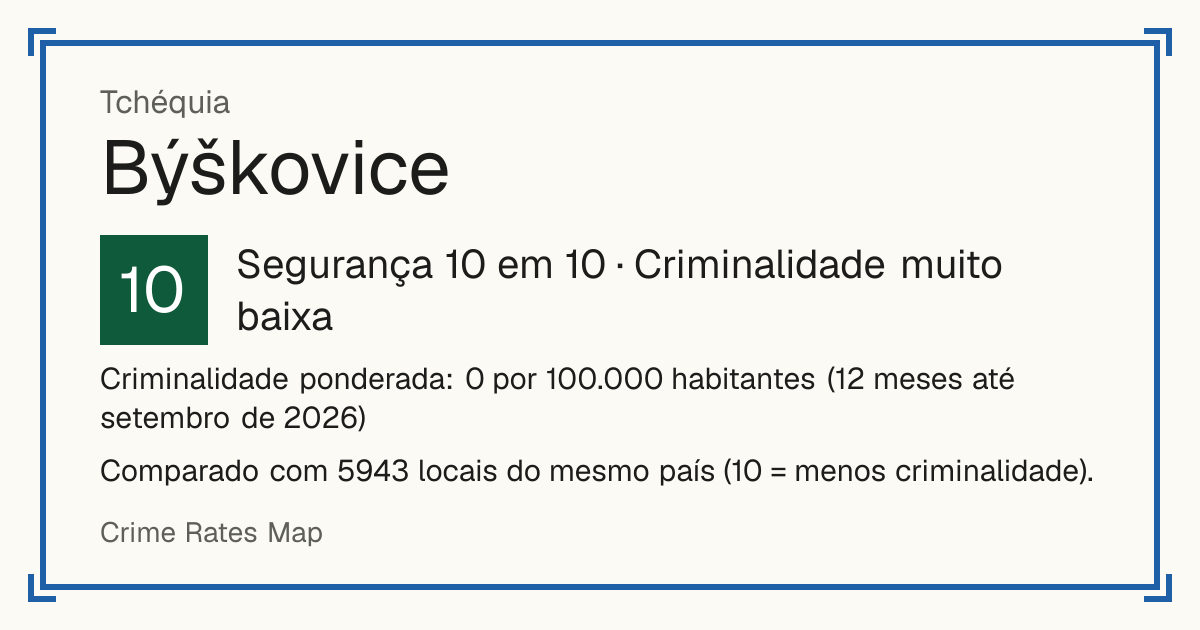 Býškovice, Tchéquia: Segurança 10 em 10 (Criminalidade muito baixa). Criminalidade ponderada: 0 por 100.000 habitantes (12 meses até setembro de 2026).