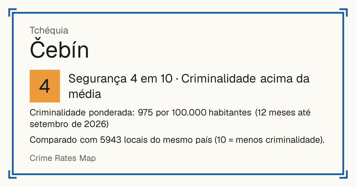 Čebín, Tchéquia: Segurança 4 em 10 (Criminalidade acima da média). Criminalidade ponderada: 975 por 100.000 habitantes (12 meses até setembro de 2026).
