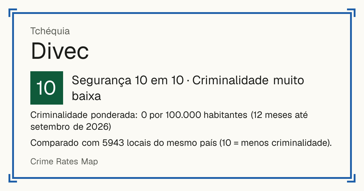 Divec, Tchéquia: Segurança 10 em 10 (Criminalidade muito baixa). Criminalidade ponderada: 0 por 100.000 habitantes (12 meses até setembro de 2026).