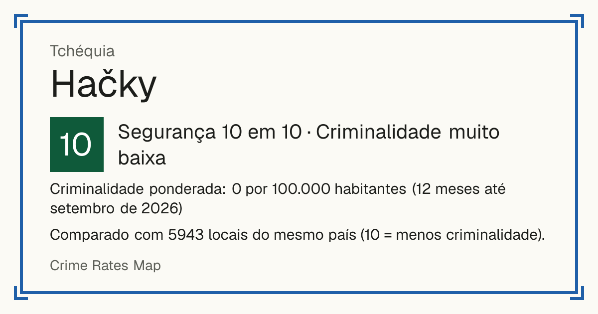 Hačky, Tchéquia: Segurança 10 em 10 (Criminalidade muito baixa). Criminalidade ponderada: 0 por 100.000 habitantes (12 meses até setembro de 2026).