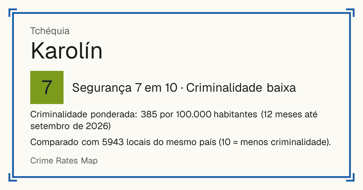 Karolín, Tchéquia: Segurança 7 em 10 (Criminalidade baixa). Criminalidade ponderada: 385 por 100.000 habitantes (12 meses até setembro de 2026).