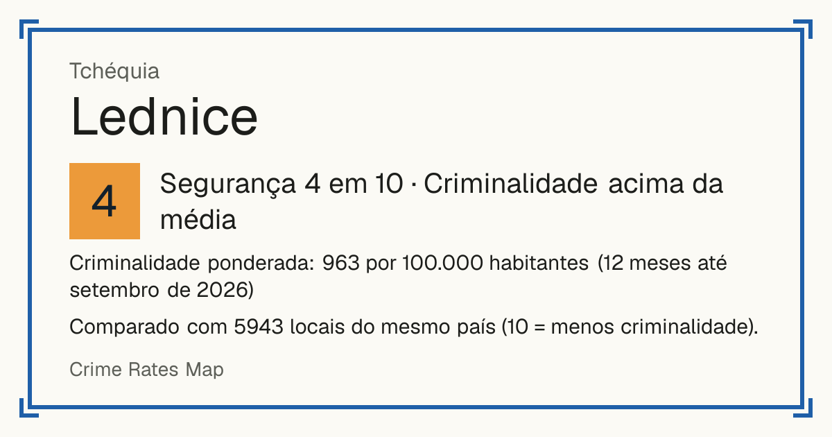 Lednice, Tchéquia: Segurança 4 em 10 (Criminalidade acima da média). Criminalidade ponderada: 963 por 100.000 habitantes (12 meses até setembro de 2026).