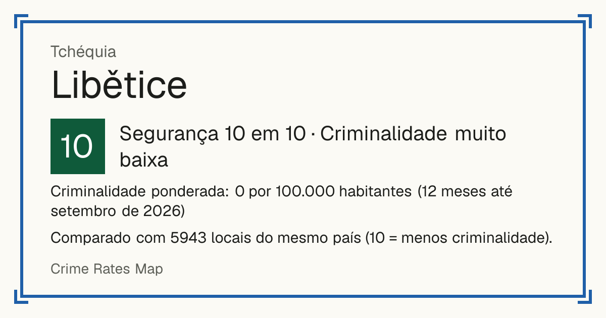 Libětice, Tchéquia: Segurança 10 em 10 (Criminalidade muito baixa). Criminalidade ponderada: 0 por 100.000 habitantes (12 meses até setembro de 2026).