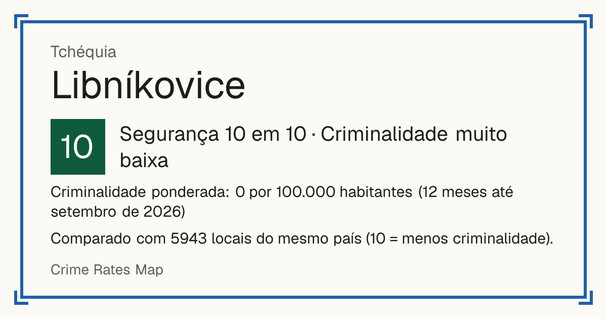 Libníkovice, Tchéquia: Segurança 10 em 10 (Criminalidade muito baixa). Criminalidade ponderada: 0 por 100.000 habitantes (12 meses até setembro de 2026).