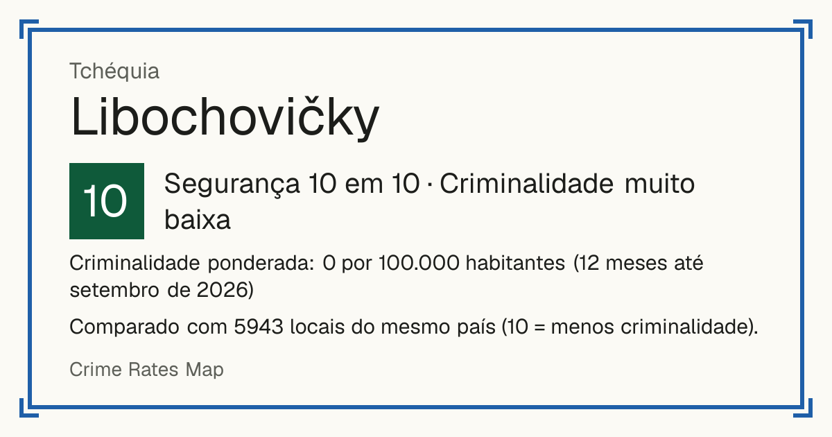Libochovičky, Tchéquia: Segurança 10 em 10 (Criminalidade muito baixa). Criminalidade ponderada: 0 por 100.000 habitantes (12 meses até setembro de 2026).