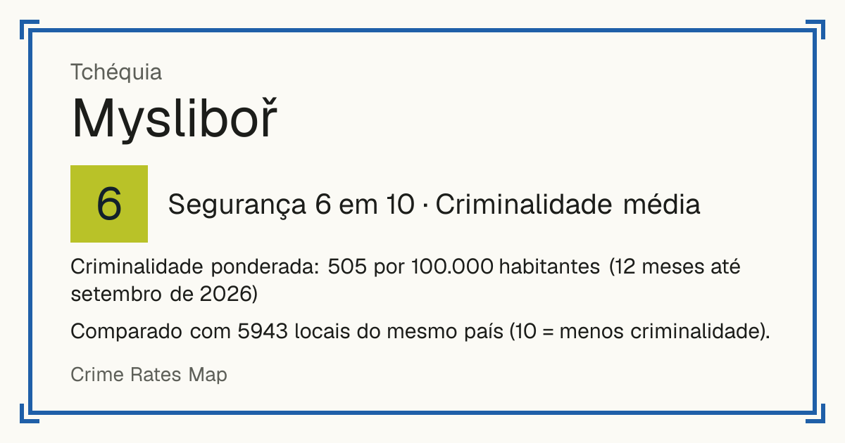 Mysliboř, Tchéquia: Segurança 6 em 10 (Criminalidade média). Criminalidade ponderada: 505 por 100.000 habitantes (12 meses até setembro de 2026).