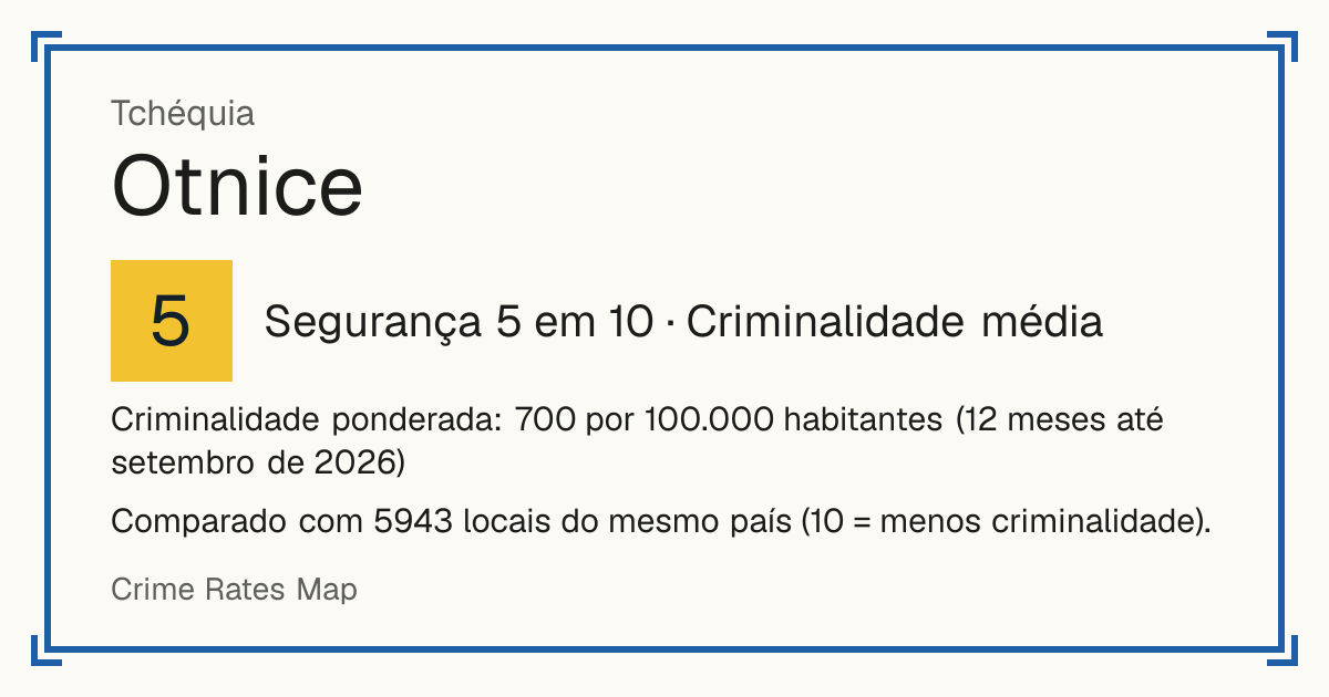 Otnice, Tchéquia: Segurança 5 em 10 (Criminalidade média). Criminalidade ponderada: 700 por 100.000 habitantes (12 meses até setembro de 2026).