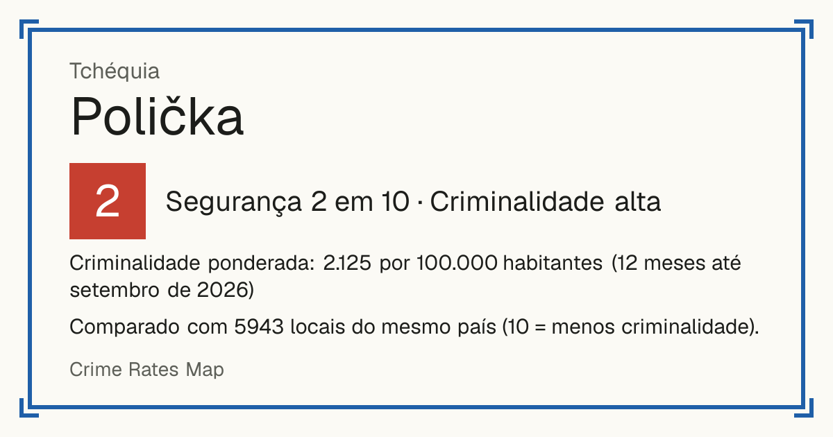 Polička, Tchéquia: Segurança 2 em 10 (Criminalidade alta). Criminalidade ponderada: 2.125 por 100.000 habitantes (12 meses até setembro de 2026).