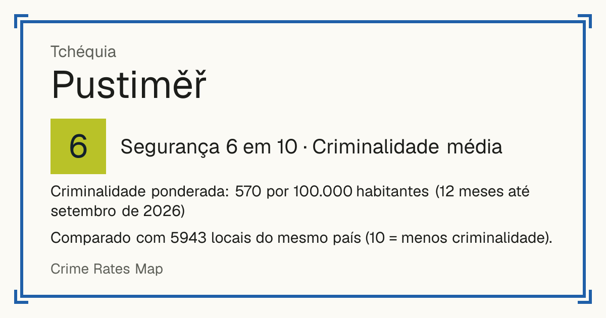 Pustiměř, Tchéquia: Segurança 6 em 10 (Criminalidade média). Criminalidade ponderada: 570 por 100.000 habitantes (12 meses até setembro de 2026).