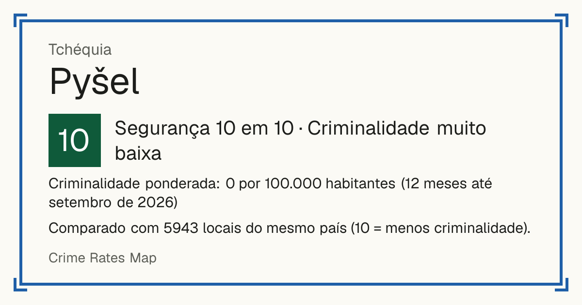 Pyšel, Tchéquia: Segurança 10 em 10 (Criminalidade muito baixa). Criminalidade ponderada: 0 por 100.000 habitantes (12 meses até setembro de 2026).