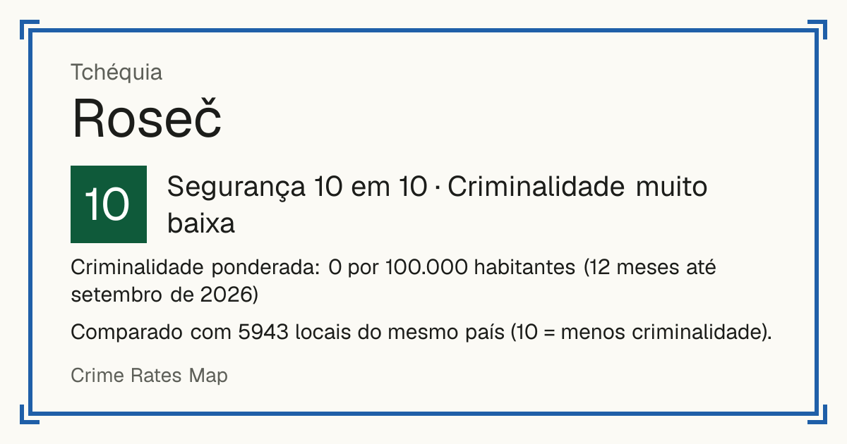 Roseč, Tchéquia: Segurança 10 em 10 (Criminalidade muito baixa). Criminalidade ponderada: 0 por 100.000 habitantes (12 meses até setembro de 2026).