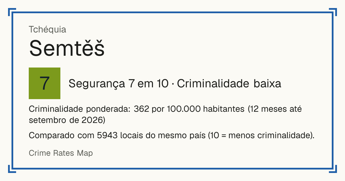 Semtěš, Tchéquia: Segurança 7 em 10 (Criminalidade baixa). Criminalidade ponderada: 362 por 100.000 habitantes (12 meses até setembro de 2026).