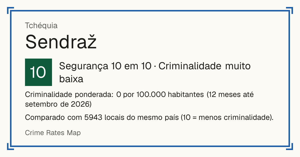 Sendraž, Tchéquia: Segurança 10 em 10 (Criminalidade muito baixa). Criminalidade ponderada: 0 por 100.000 habitantes (12 meses até setembro de 2026).