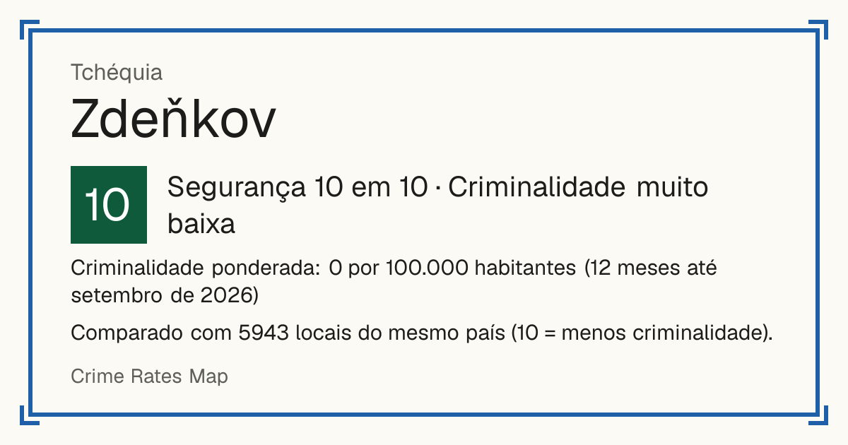 Zdeňkov, Tchéquia: Segurança 10 em 10 (Criminalidade muito baixa). Criminalidade ponderada: 0 por 100.000 habitantes (12 meses até setembro de 2026).